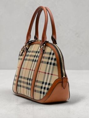 Manocchio Women's Check Canvas Tan Vegan Leather Bowling Bag